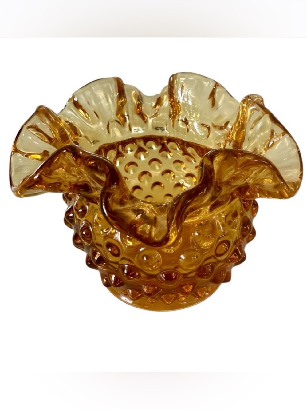 Fenton Hobnail Amber Ruffled Glass Vase